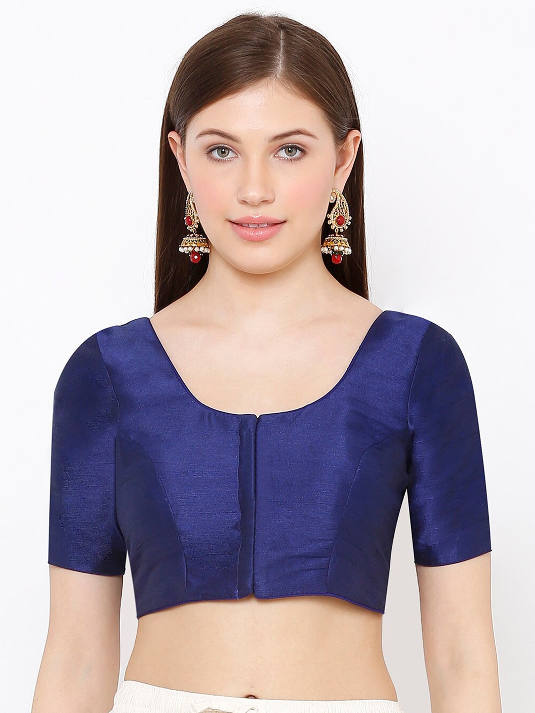 

SALWAR STUDIO Women Navy Blue Solid Readymade Mulberry Silk Saree Blouse
