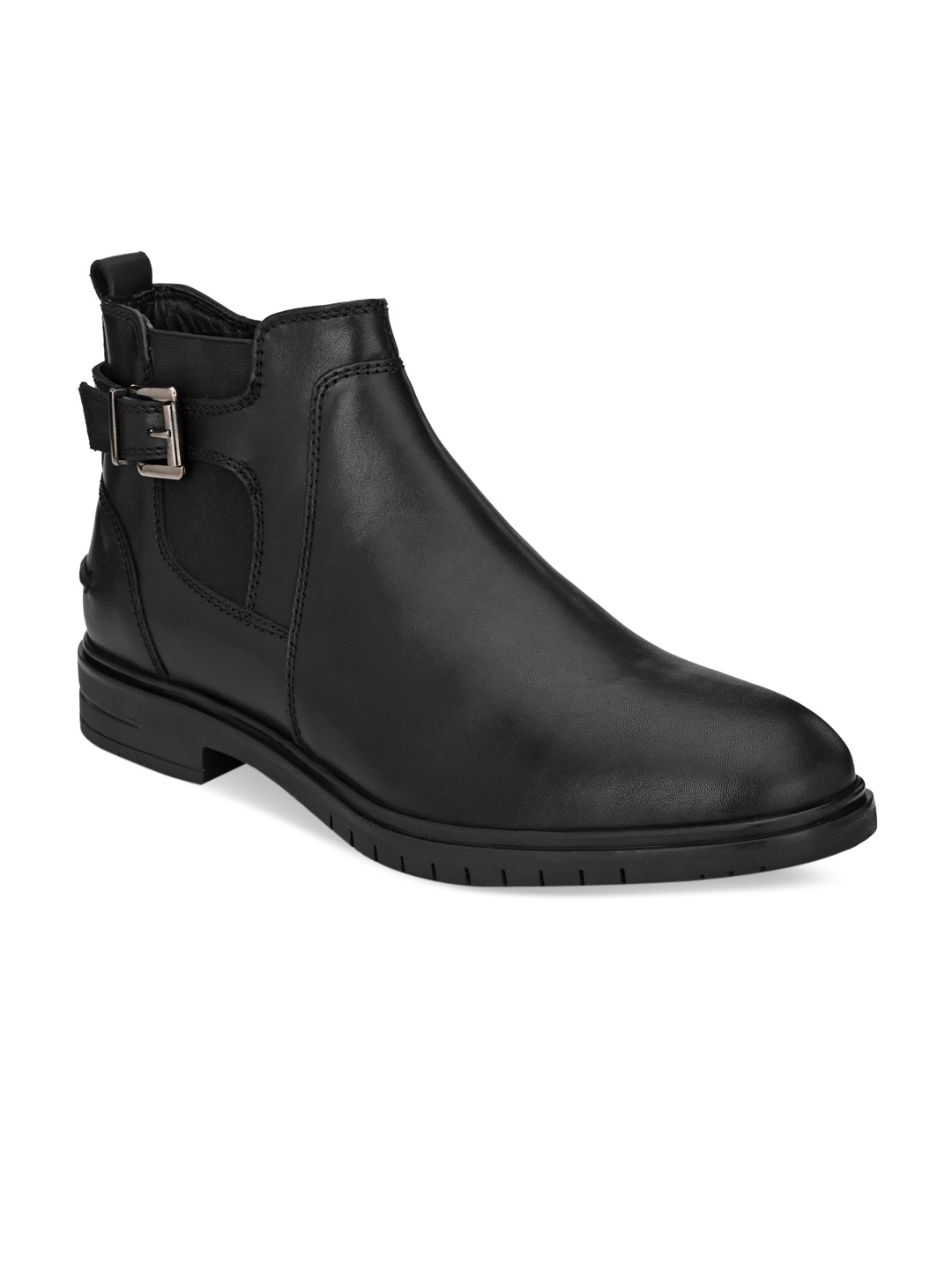 

Delize Men Black Solid Leather Mid-Top Flat Boots