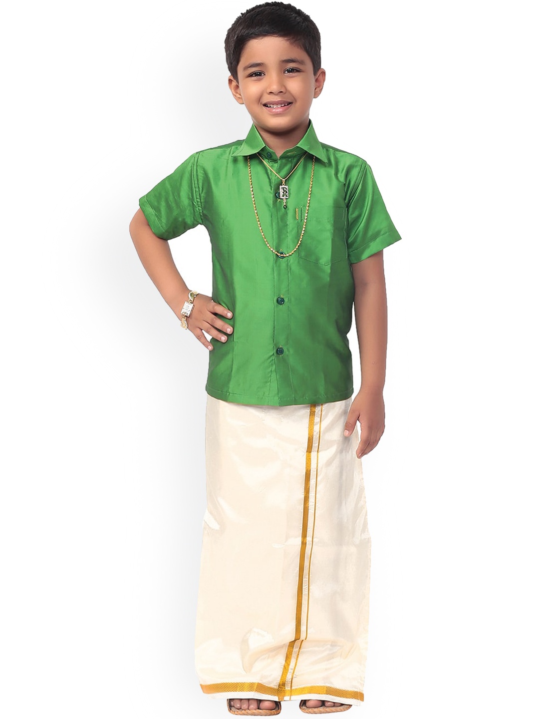 Thangamagan Boys Green & White Solid Shirt and Veshti