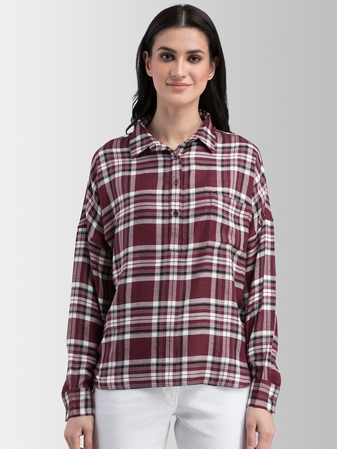 FableStreet Women Maroon Regular Fit Checked Casual Shirt