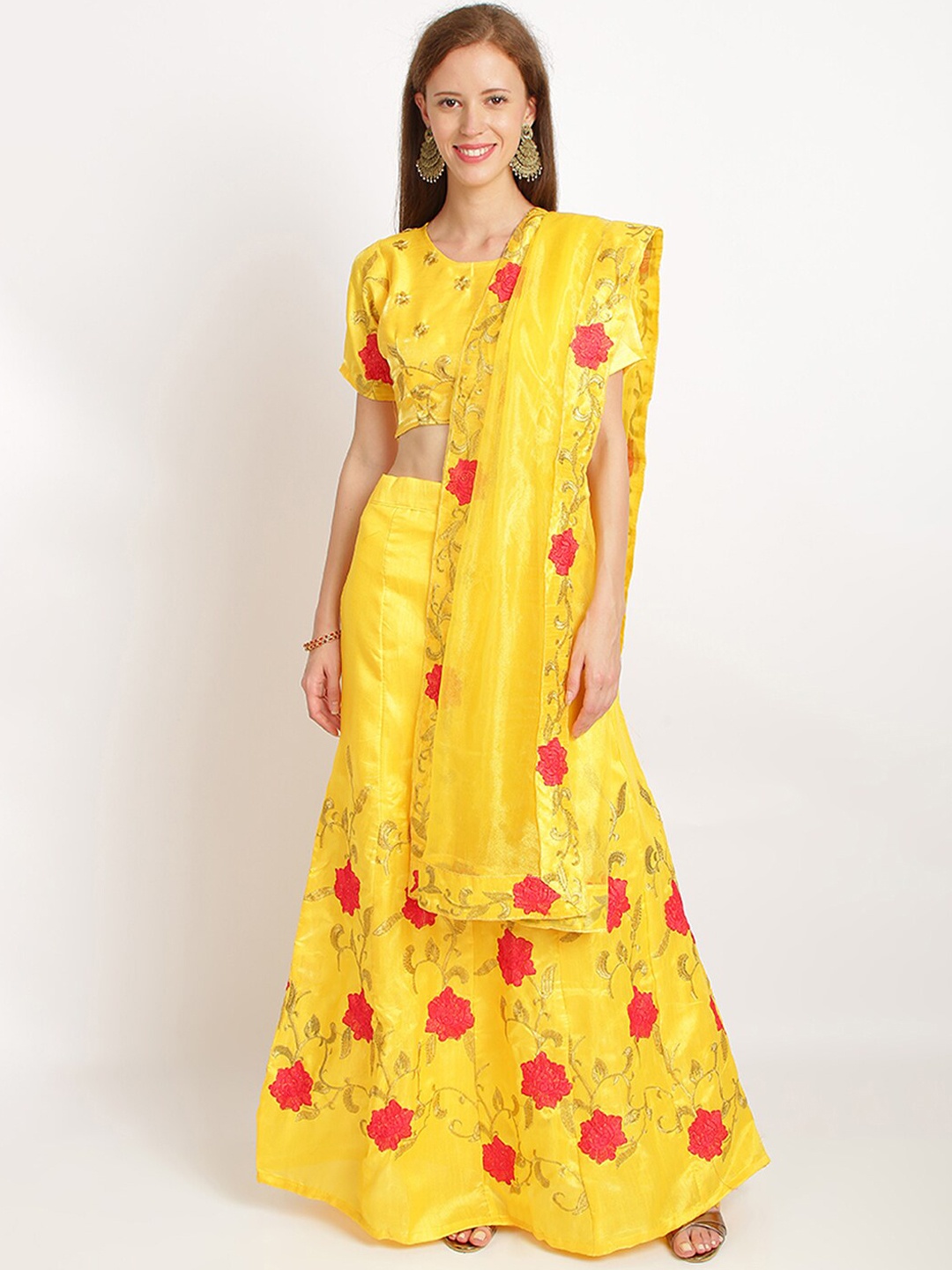 

Silk Bazar Women Yellow & Pink Embroidered Semi-Stitched Lehenga & Unstitched Blouse with Dupatta