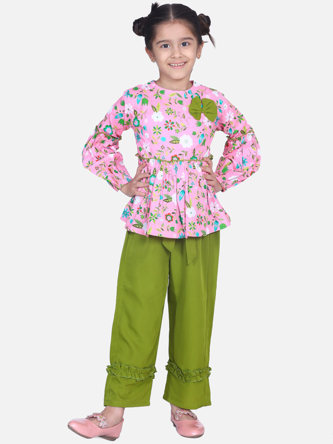 

Cutiekins Girls Pink & Green Printed Top with Solid Palazzos