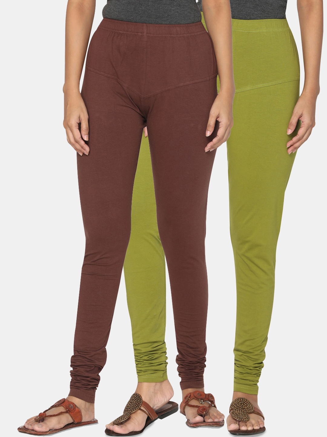 

TSG Bliss Women Pack Of 2 Solid Churidar-Length Leggings, Olive