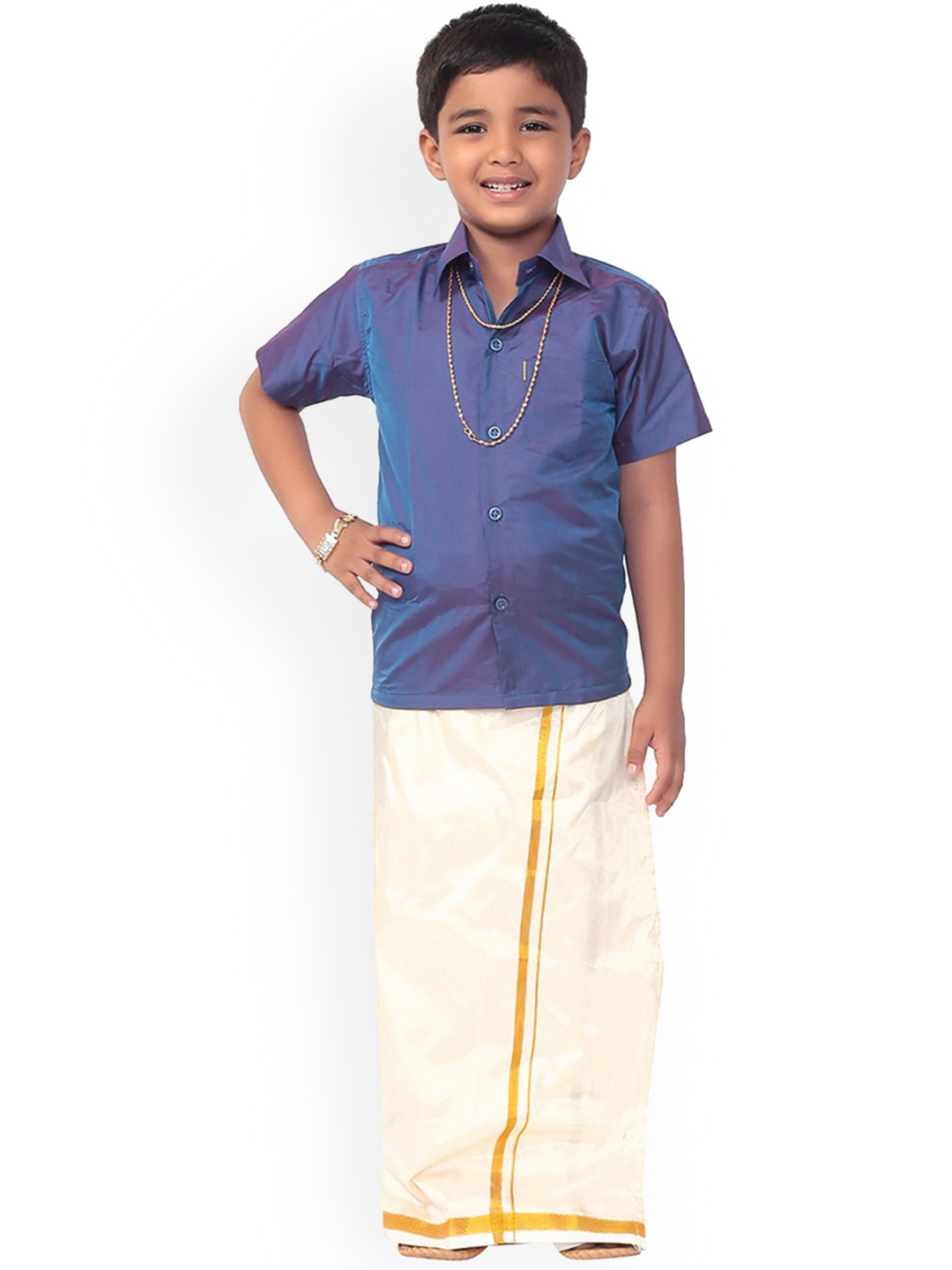 Thala-thalapathy Boys Purple& Off- White Solid Shirt with Veshti & Gift Set