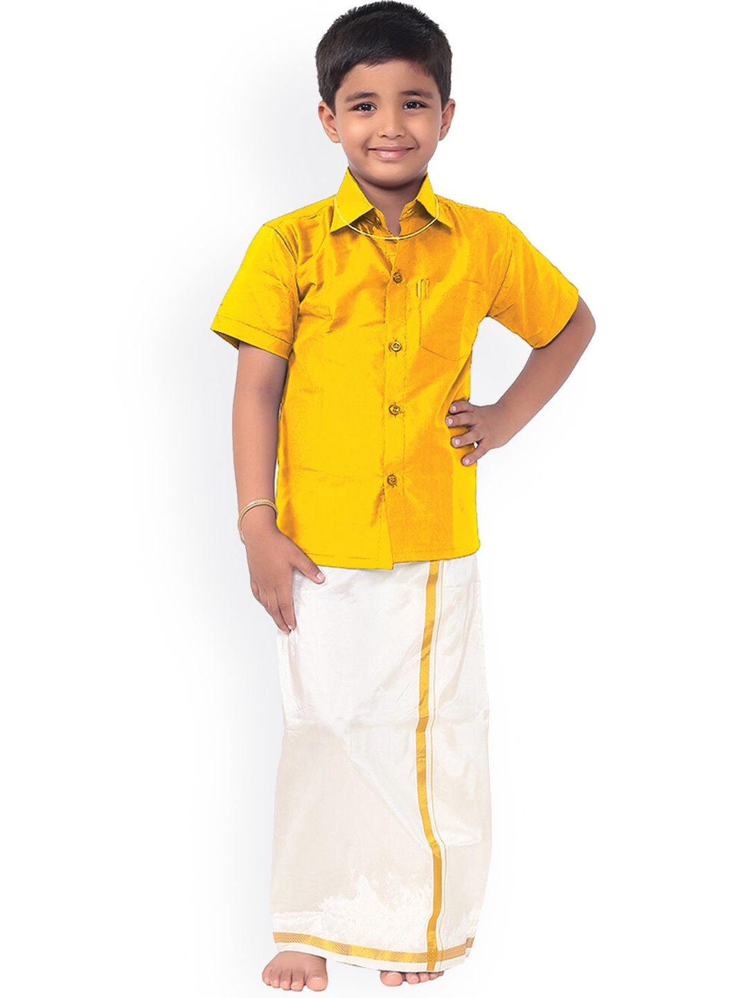 

Thala-thalapathy Boys Yellow & Off-White Solid Shirt with Veshti & Towel With Gift Set