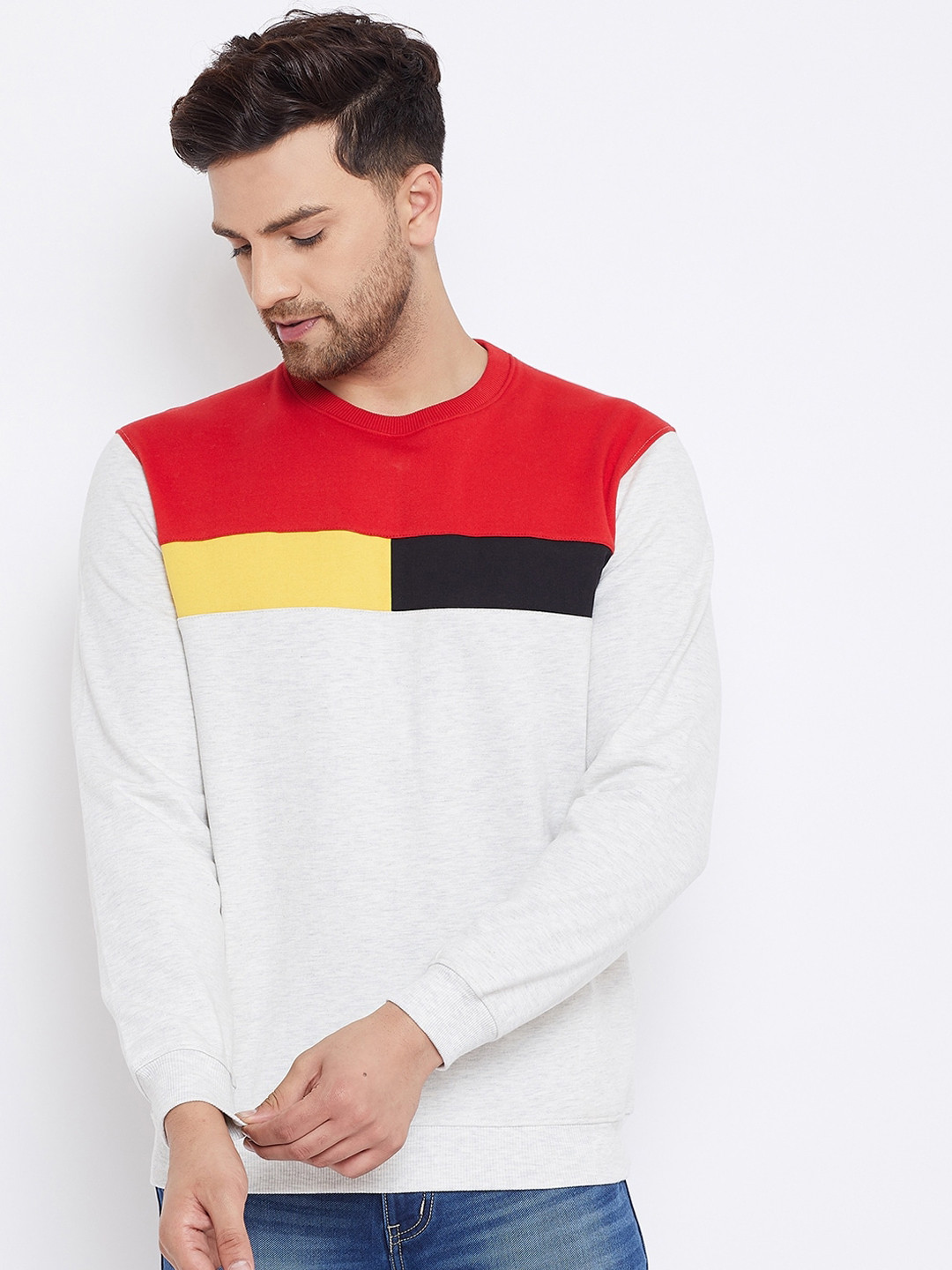 

Bishop Cotton Men Off-White Colourblocked Sweatshirt