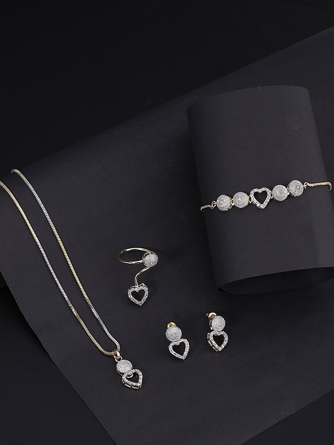 

Yellow Chimes Gold-Plated Silver-Toned & White AD-Studded Handcrafted Jewellery Set