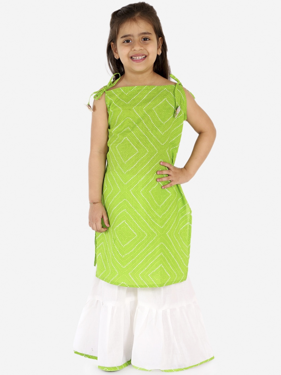 

Chipbeys Girls Green & White Printed Handloom Kurta with Sharara