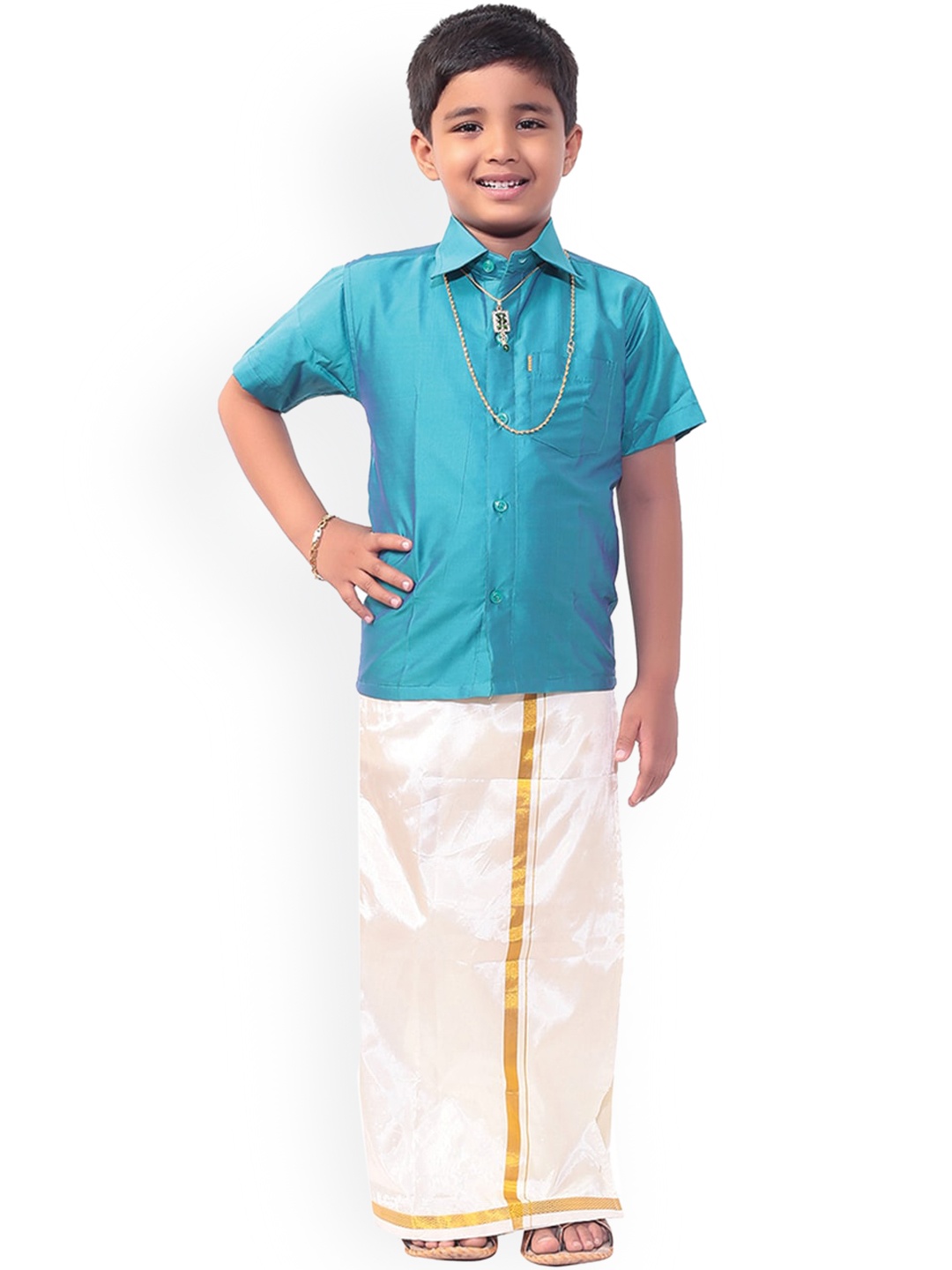 

Thala-thalapathy Boys Blue & Cream-Colored Solid Shirt and Veshti