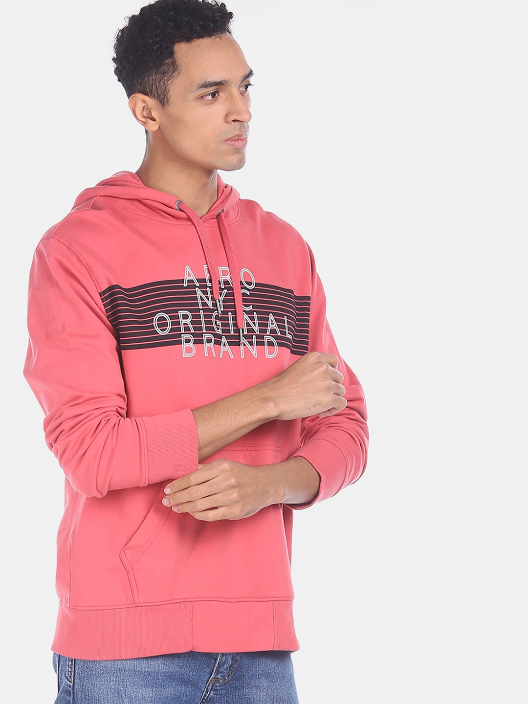 Aeropostale Men Pink & Red Printed Hooded Sweatshirt