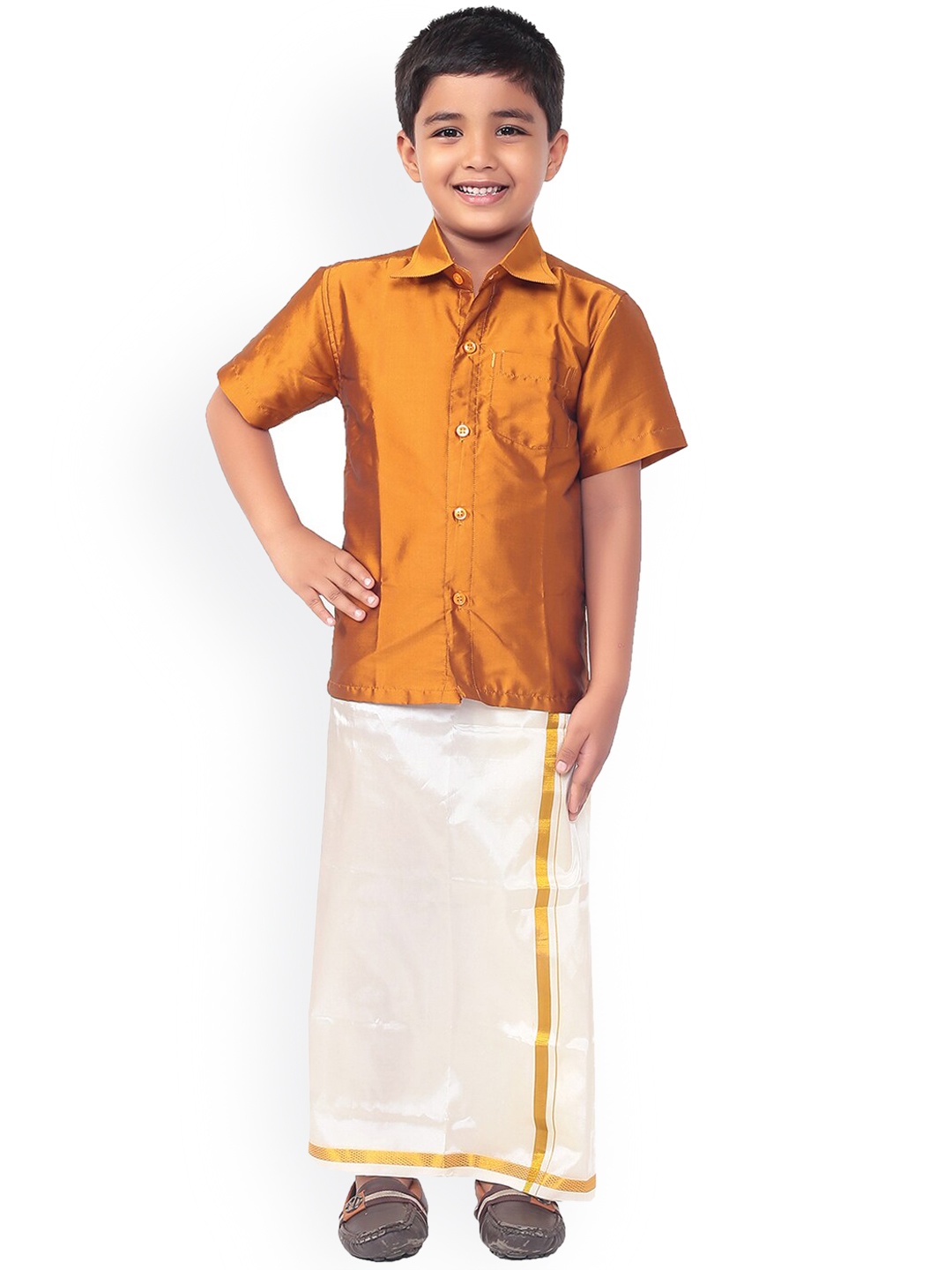 

Thala-thalapathy Boys Mustard Yellow Solid Shirt with Veshti & Gift Set