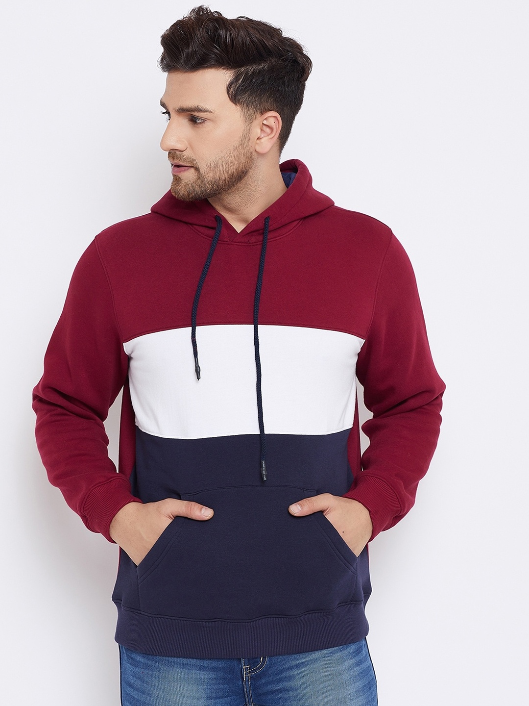 

Bishop Cotton Men Red & Navy Blue Colourblocked Sweatshirt
