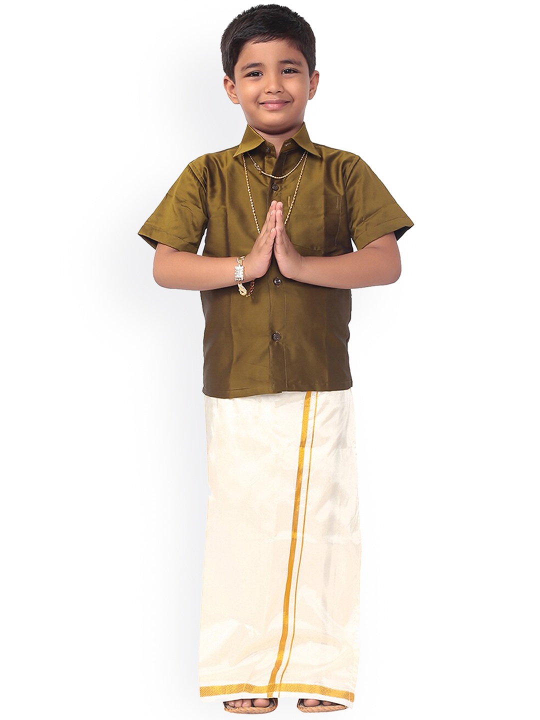 

Thala-thalapathy Boys Olive-Green & Off-White Solid Shirt with Veshti & Towel With Gift Set