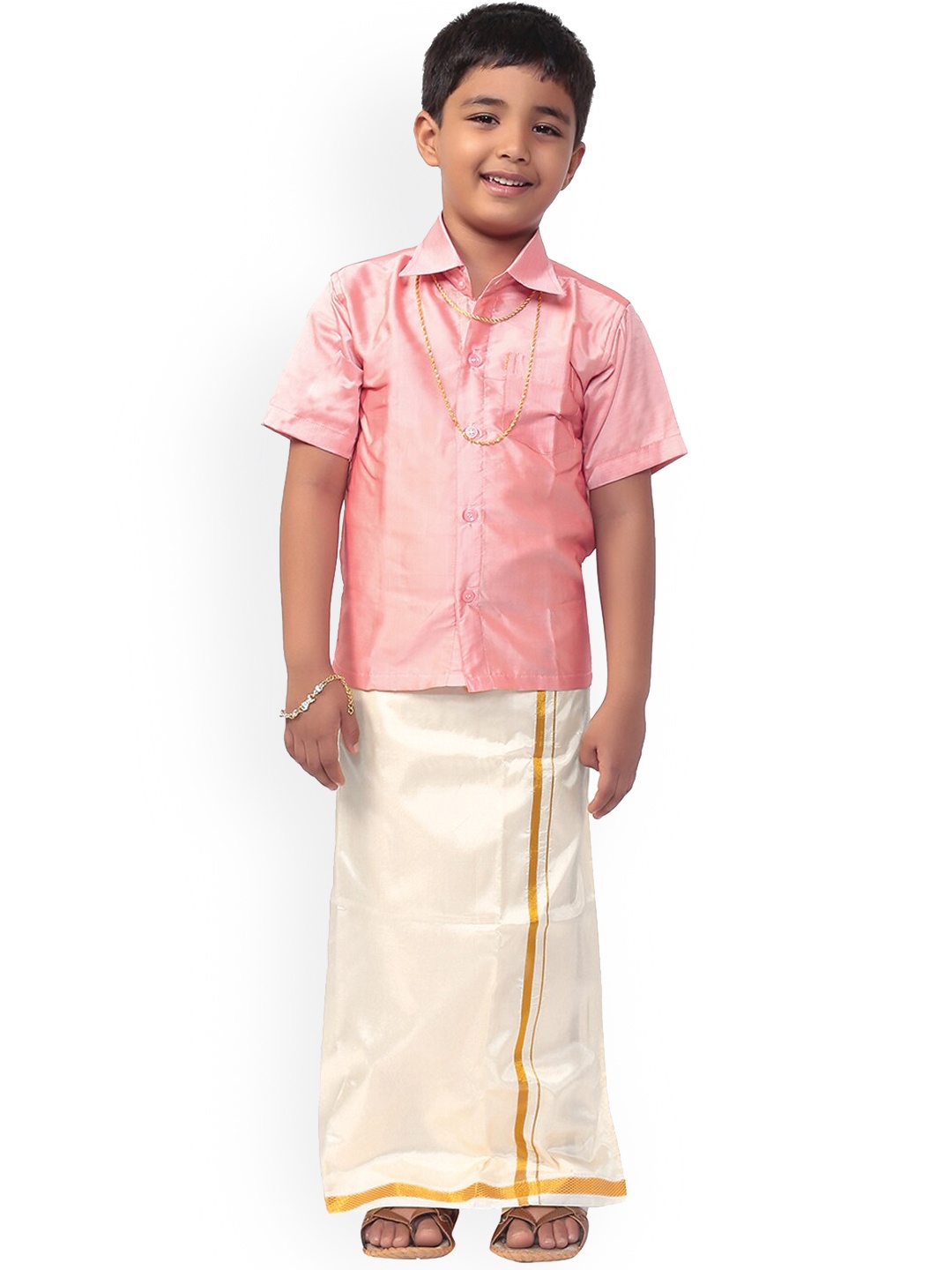 

Thala-thalapathy Boys Pink & White Solid Shirt with Veshti & Towel With Gift Set
