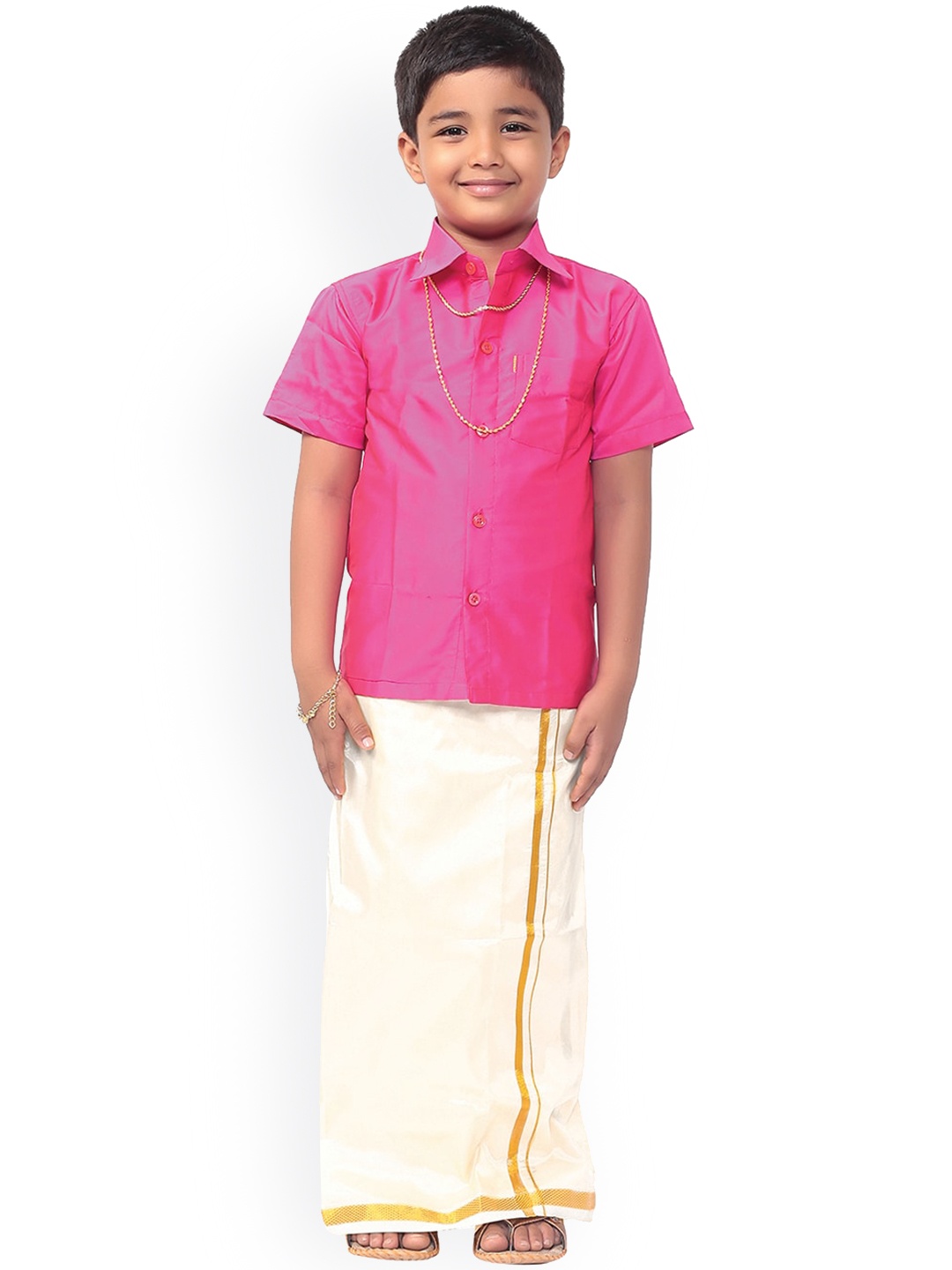 

Thala-thalapathy Boys Rose-Coloured & White Solid Shirt & Veshti With Towel & Gift Set