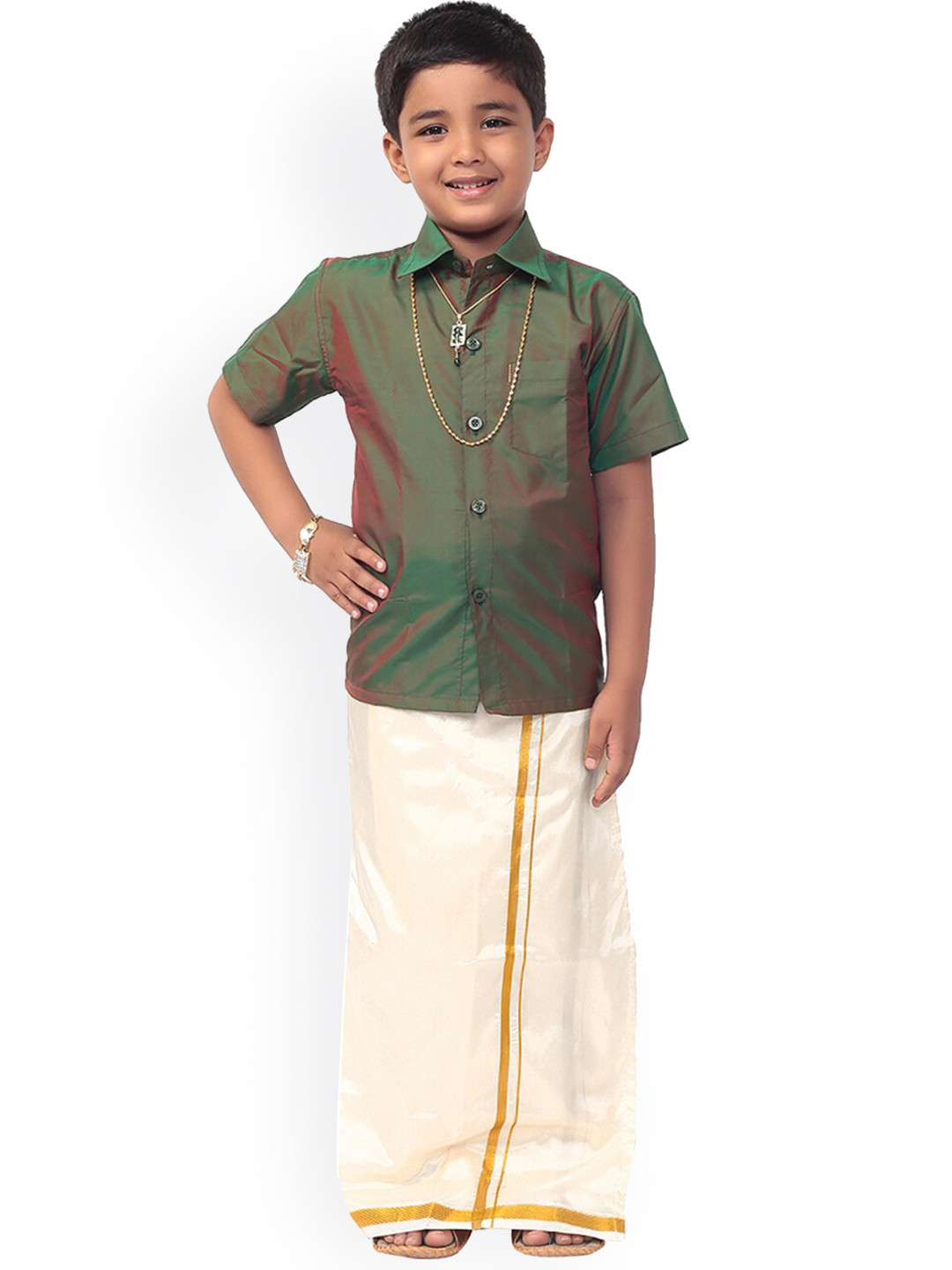 

Thangamagan Boys Olive Green & Off- White Solid Shirt and Veshti