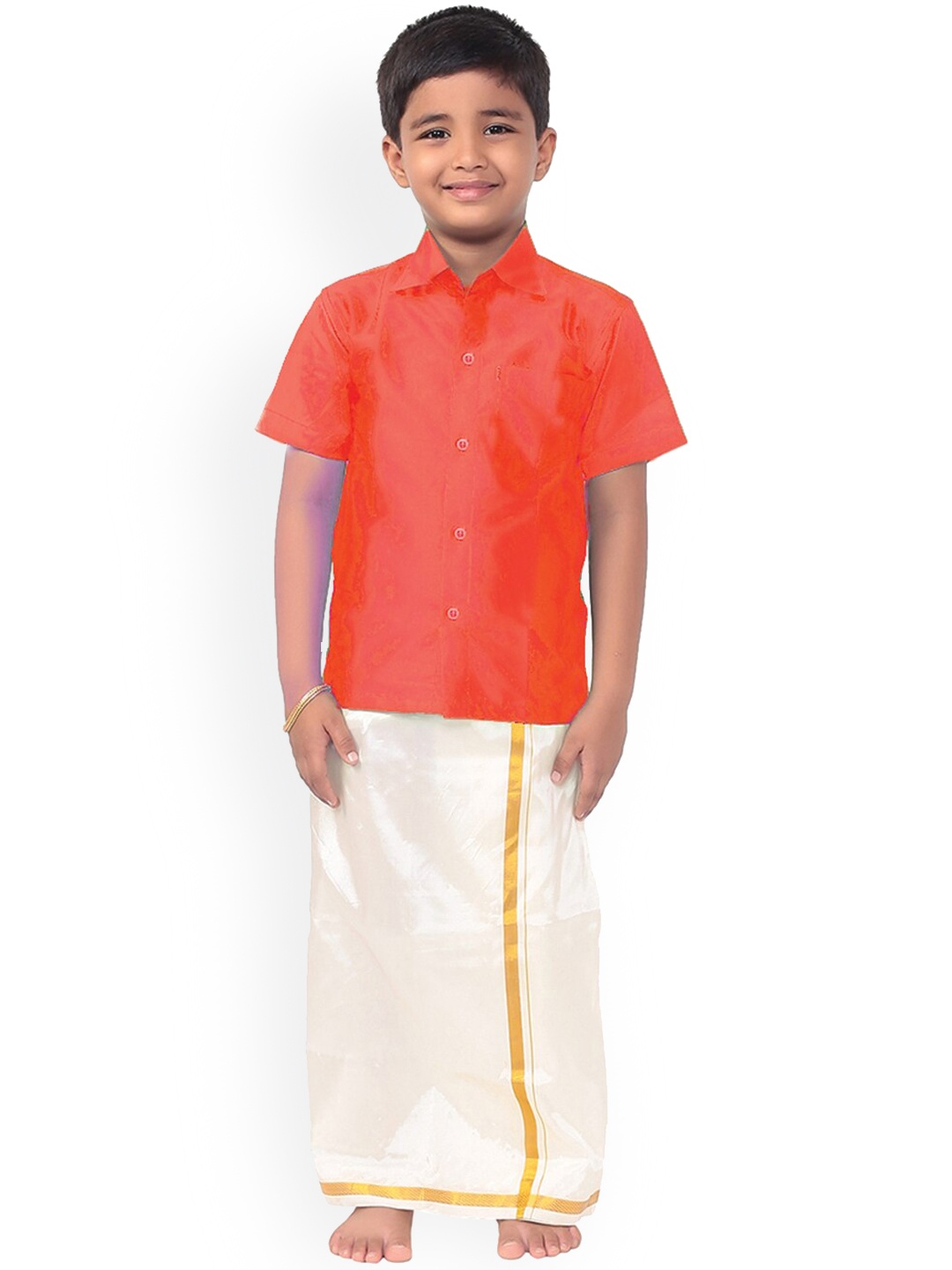 

Thangamagan Boys Orange & White Solid Shirt and Veshti