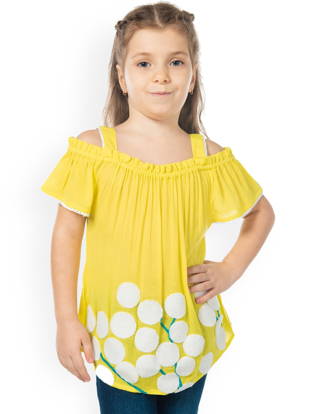 

Cherry Crumble Girls Yellow Solid Appliqued Top