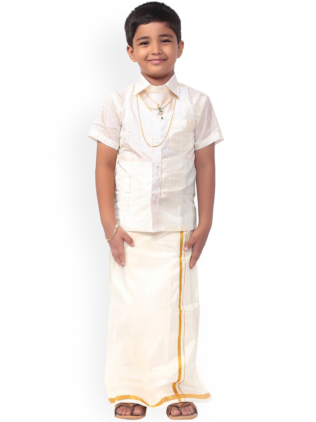 

Thangamagan Boys Beige & White Solid Shirt and Veshti