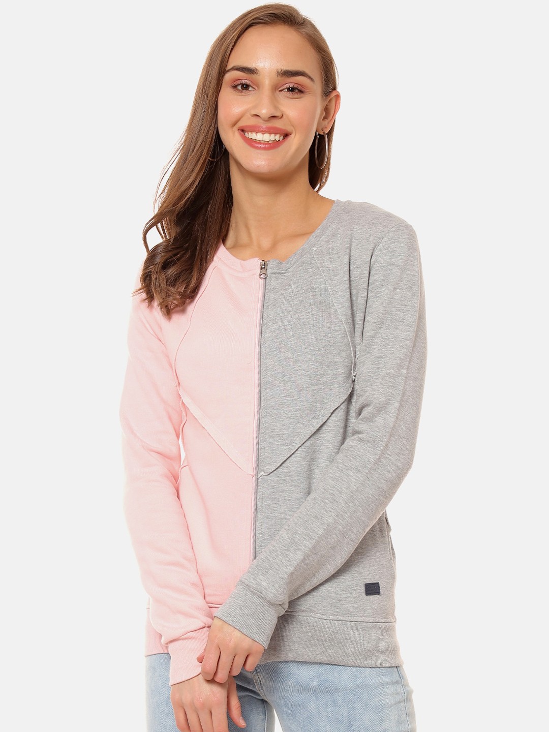 

Campus Sutra Women Pink & Grey Colourblocked Sweatshirt