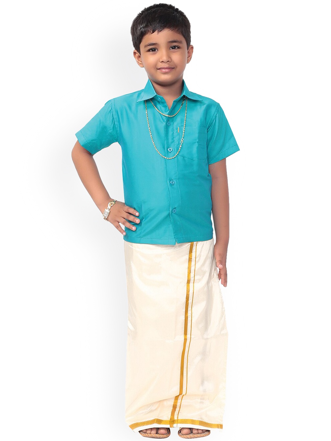 Thangamagan Boys Blue & White Solid Shirt and Veshti