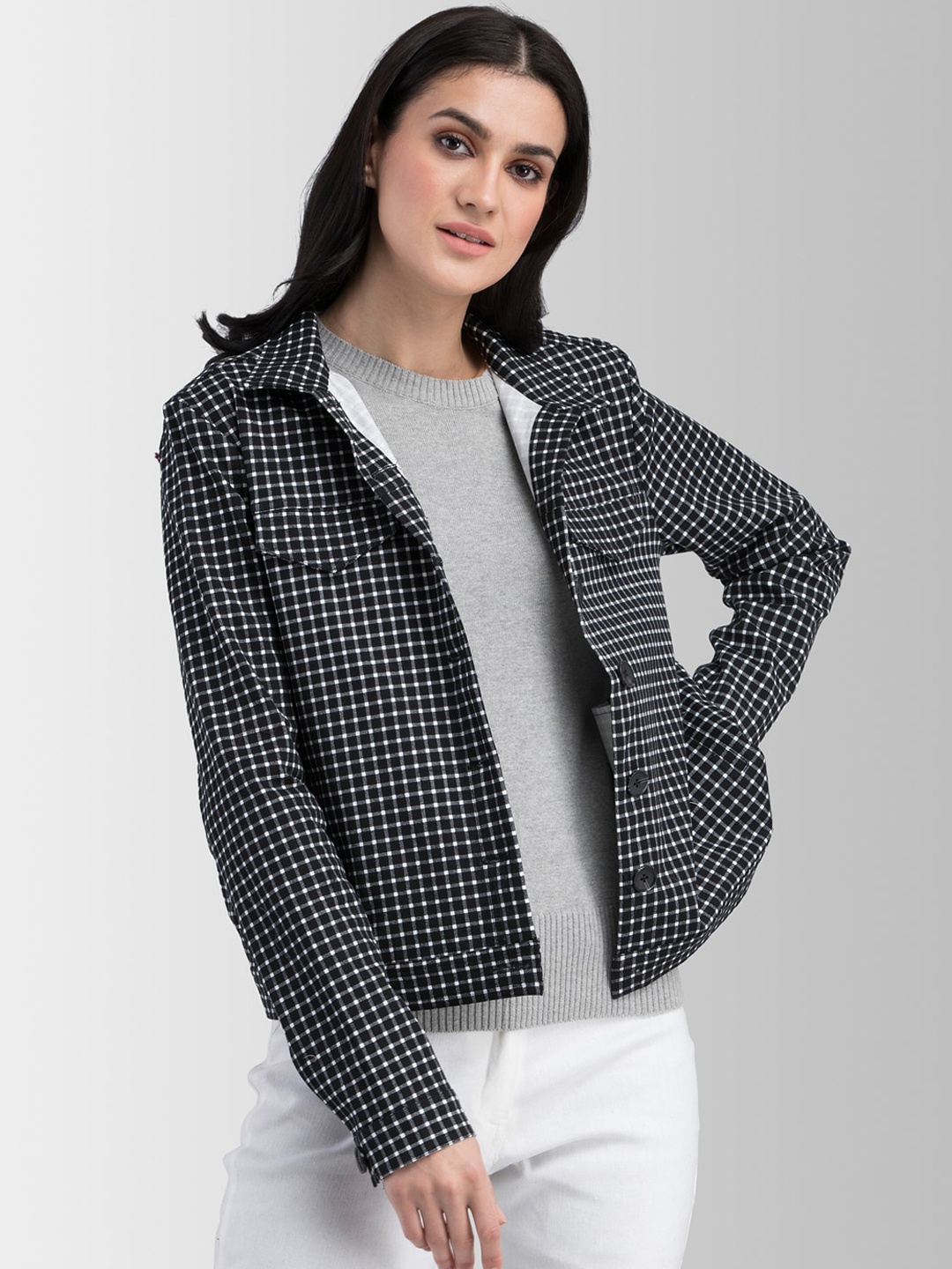

FableStreet Women Black Checked Tailored Jacket