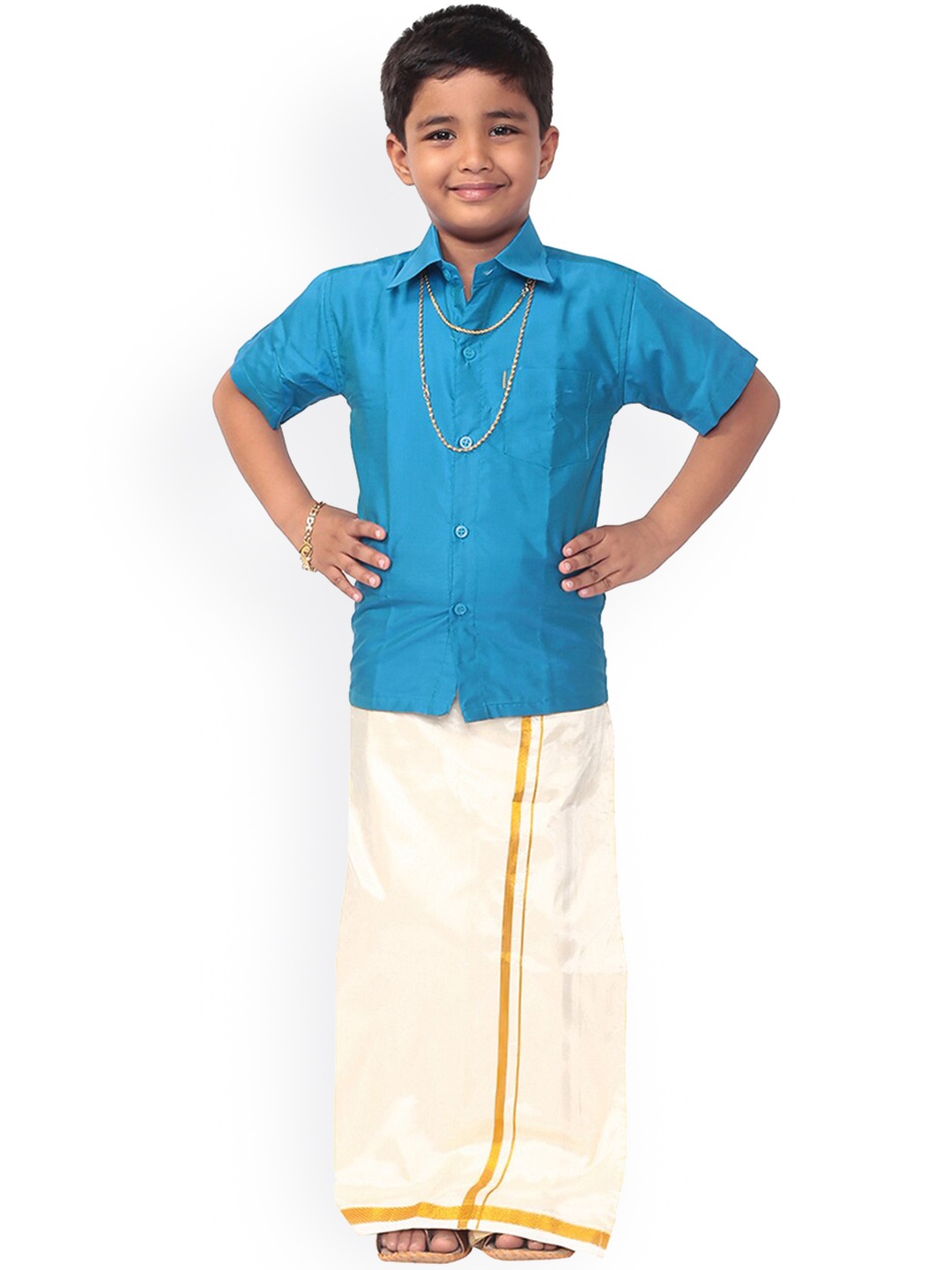 

Thangamagan Boys Blue & Cream Coloured Solid Shirt and Veshti