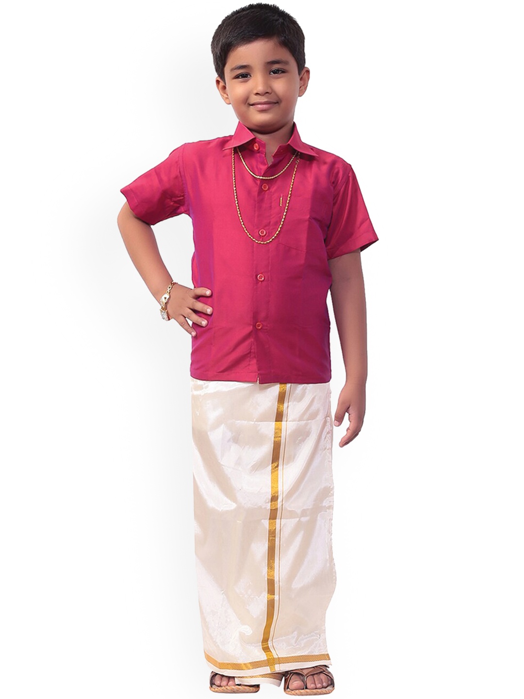

Thangamagan Boys Magenta Pink & White Solid Shirt and Veshti