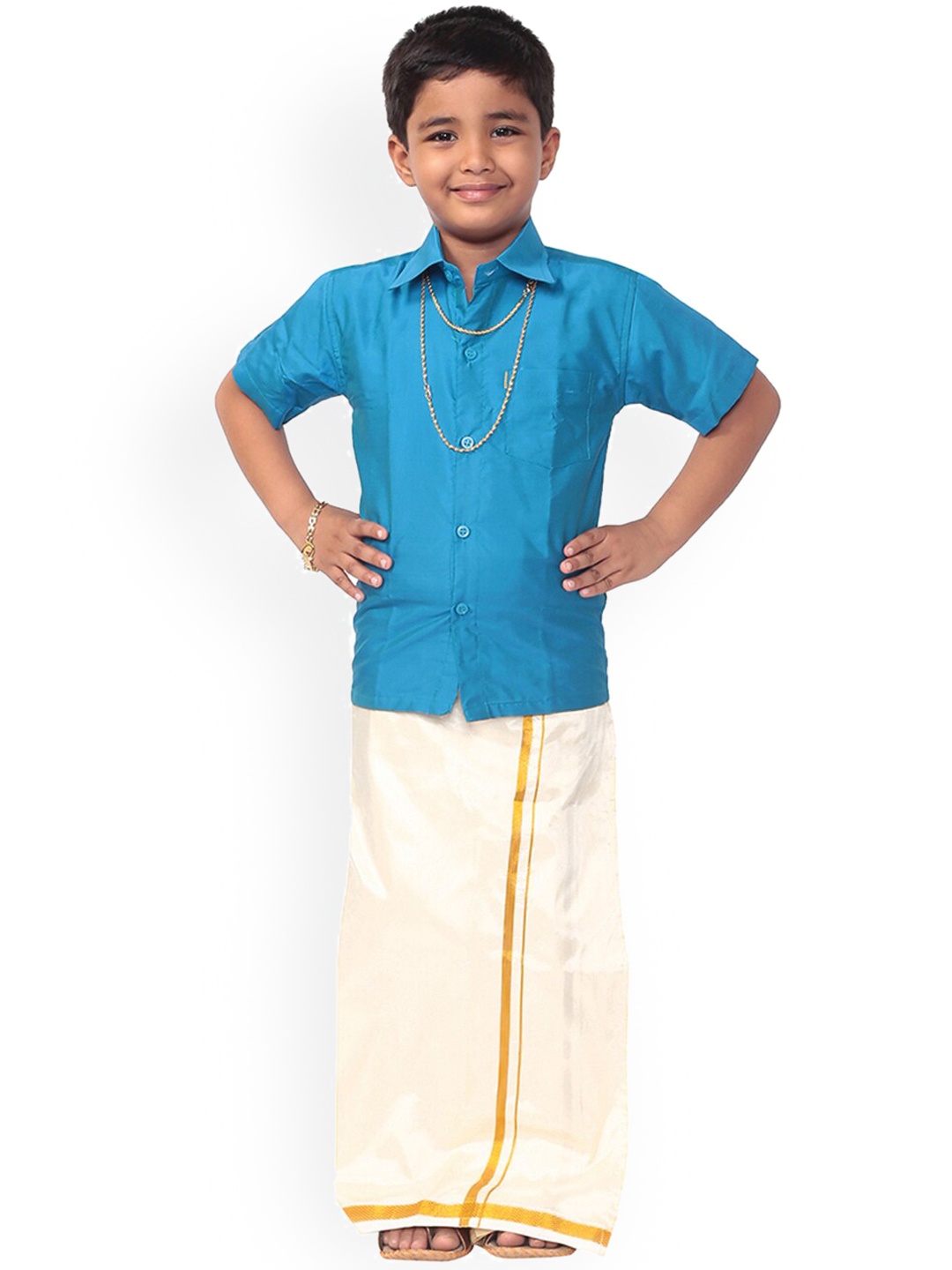 

Thala-thalapathy Boys Blue & Off White Solid Shirt with Veshti & Towel With Gift Set