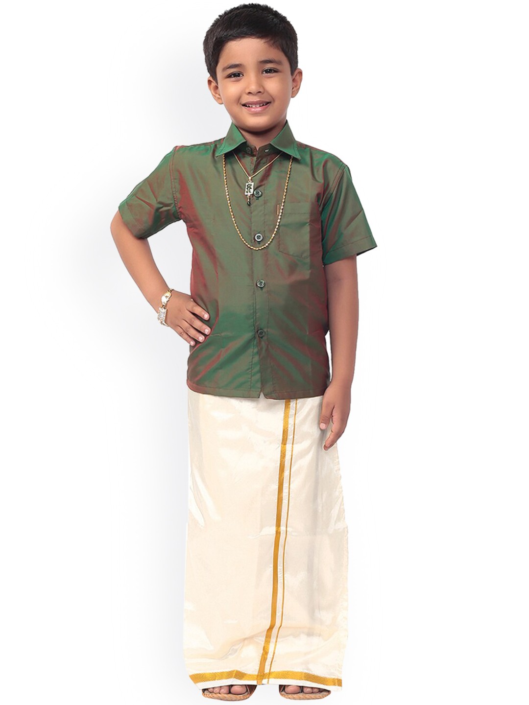 

Thala-thalapathy Boys Green Solid Shirt with Veshti & Gift Set