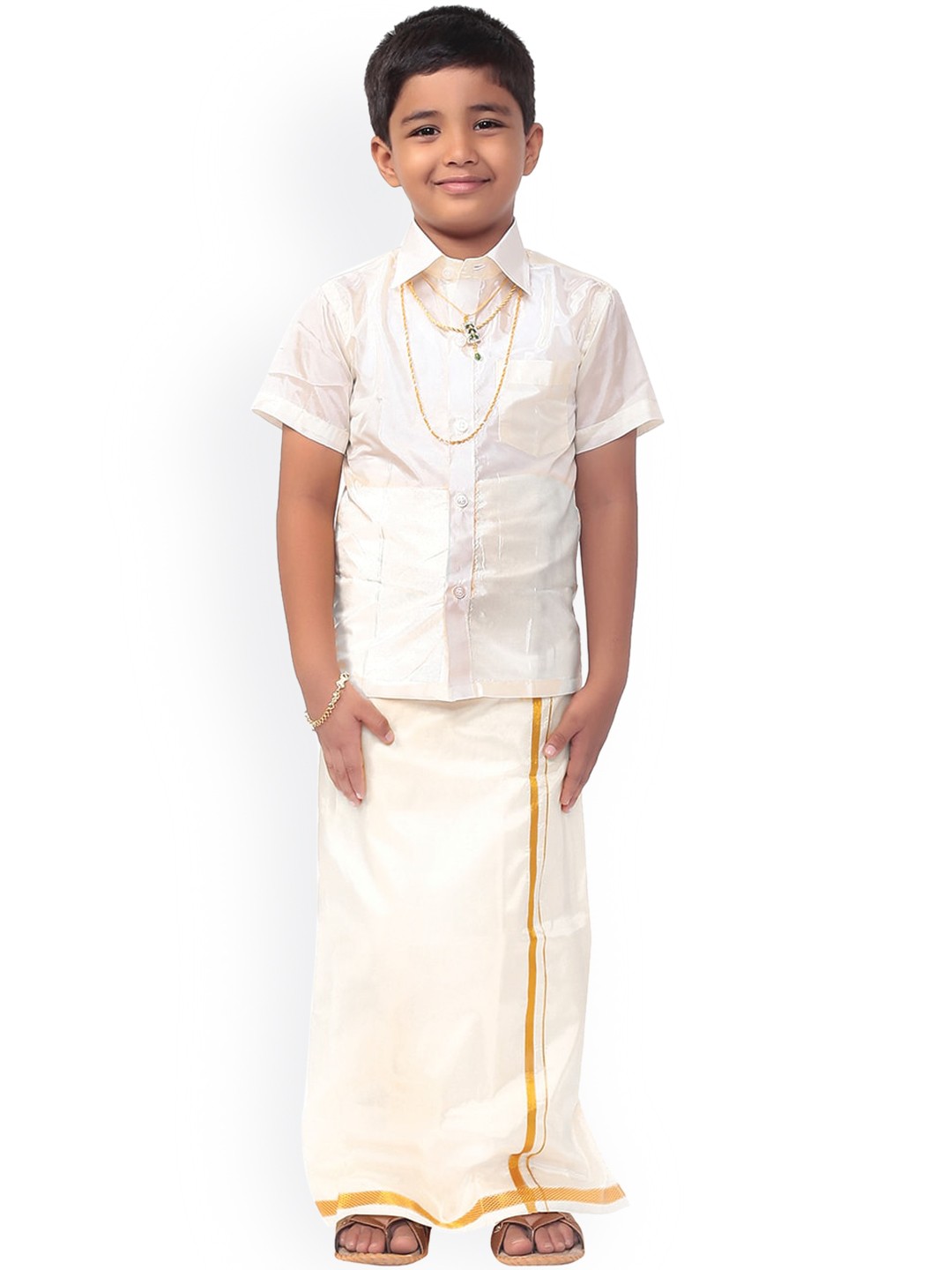 

Thangamagan Boys Beige & Gold-Coloured Solid Shirt and Veshti