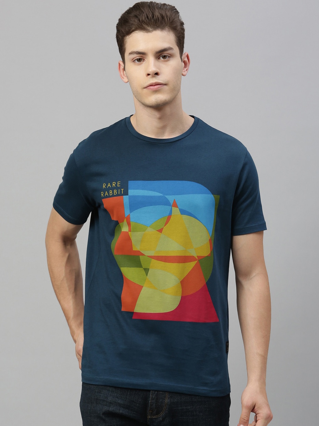 

RARE RABBIT Men Blue Printed Round Neck T-shirt