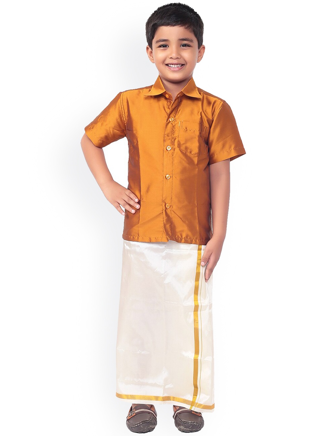 Thangamagan Boys Orange Solid Shirt with Off-White Veshti
