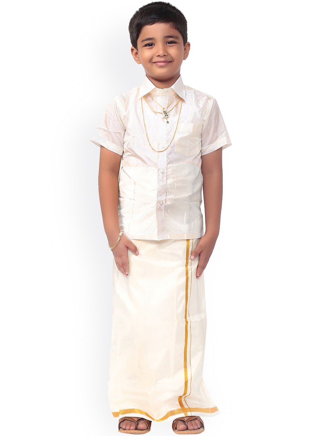 Thangamagan Boys Beige & White Solid Shirt and Veshti