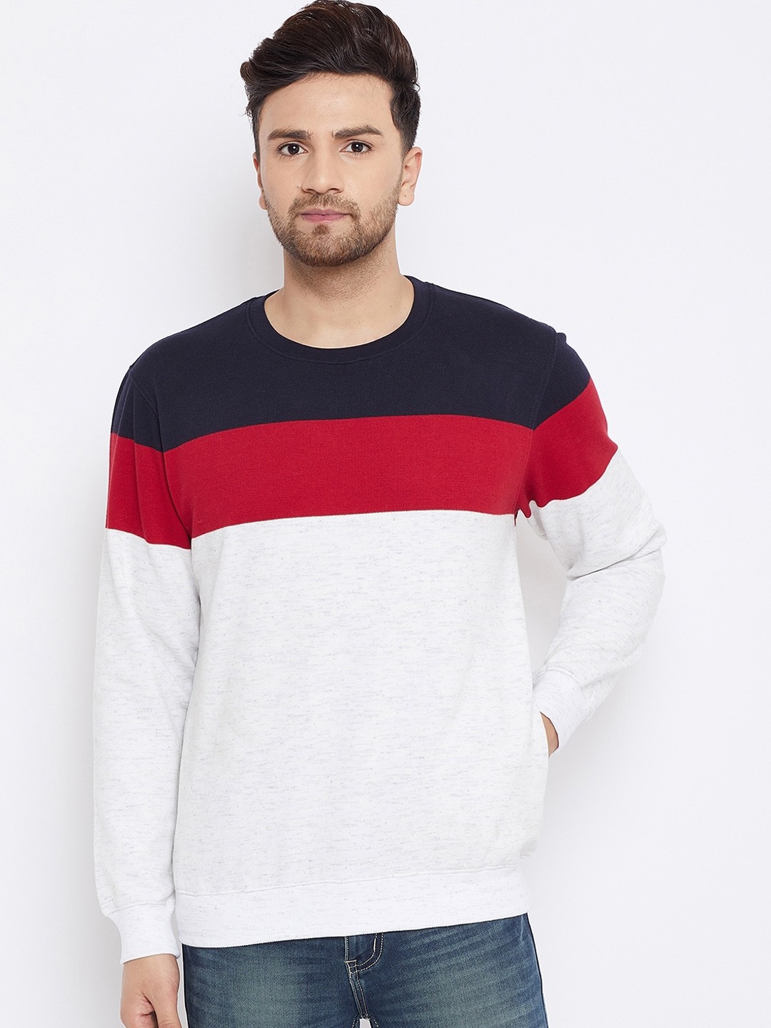 

Bishop Cotton Men Off-White & Red Colourblocked Sweatshirt