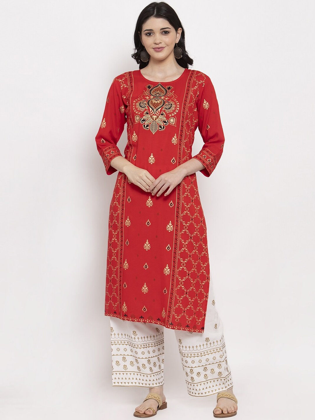 

ANAISA Women Red & Gold-Toned Printed A-Line Kurta