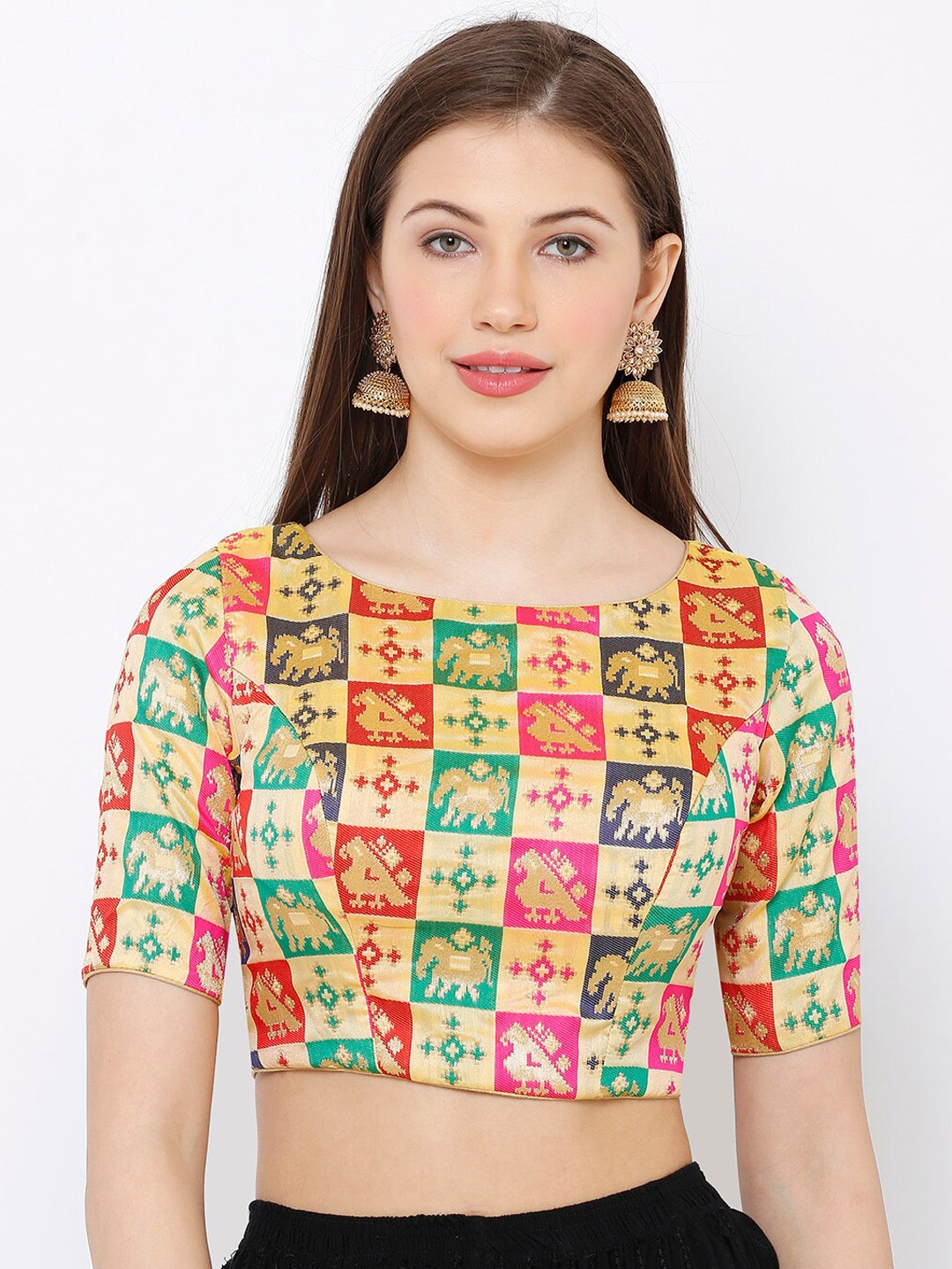 

SALWAR STUDIO Women Gold-Coloured & Red Woven-Design Brocade Padded Saree Blouse