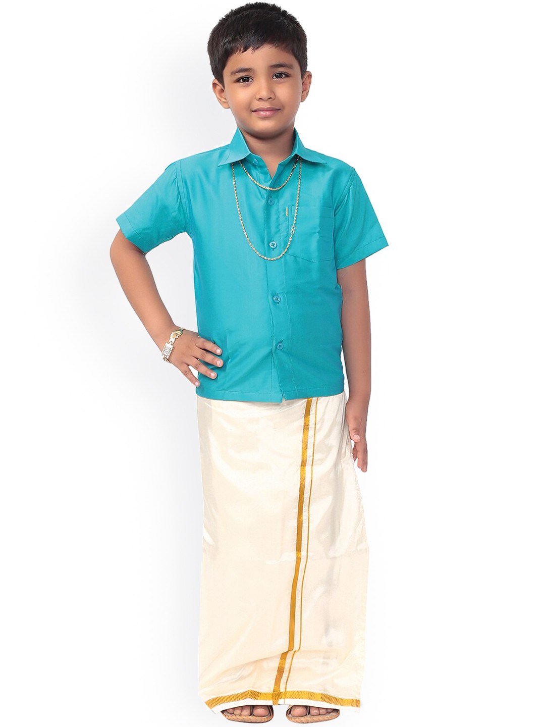 

Thala-thalapathy Boys Blue & Off-White Solid Shirt with Veshti & Gift Set