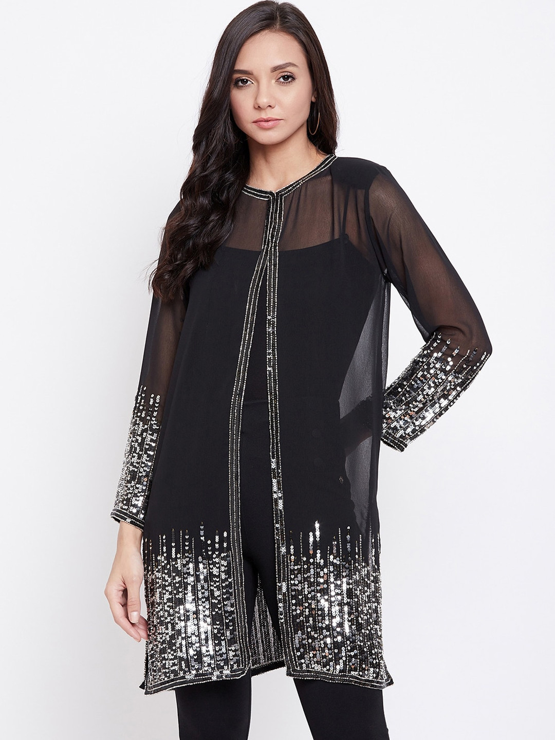 

LE BOURGEOIS Women Black Embellished Long Shrug