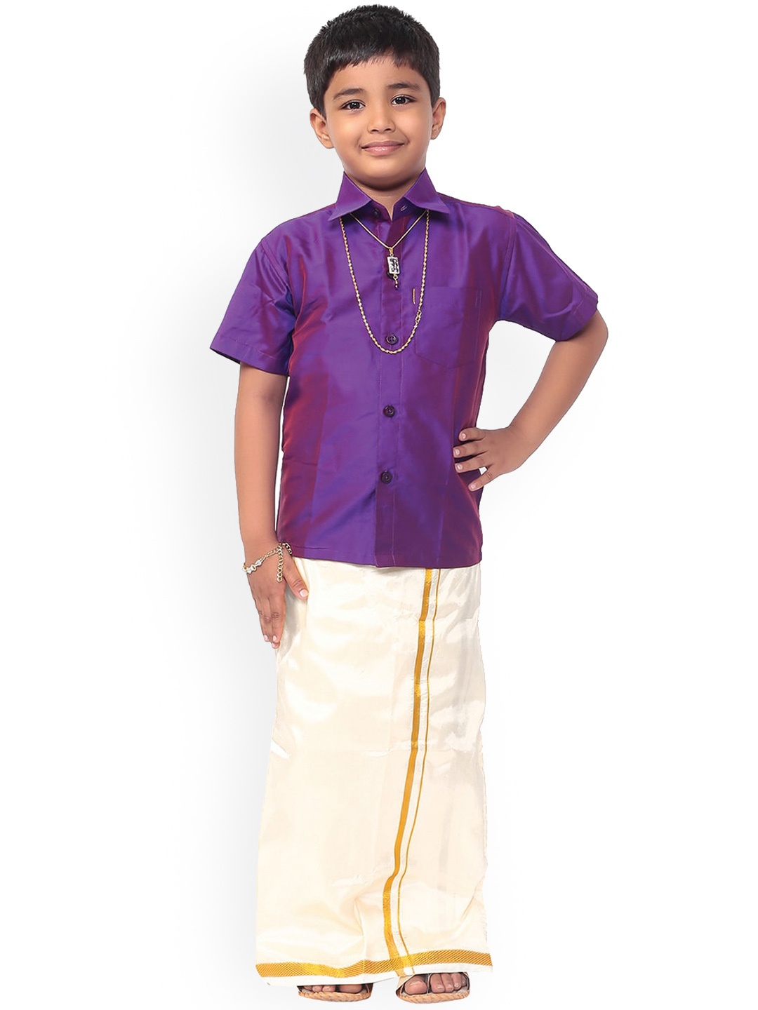 

Thangamagan Boys Purple & White Solid Shirt and Veshti