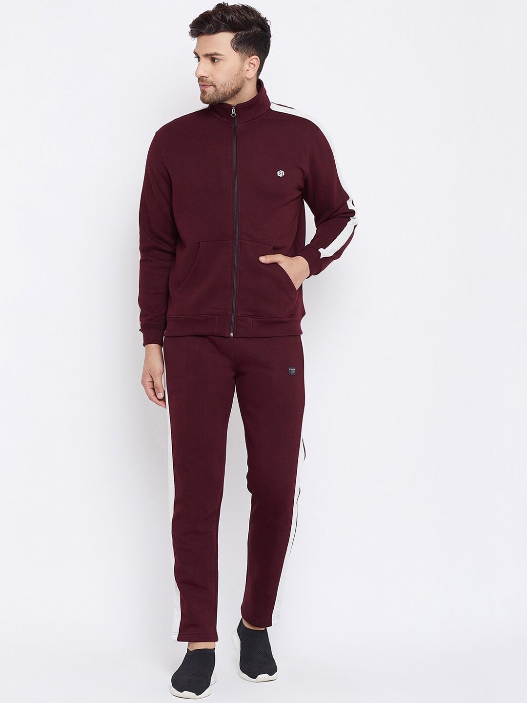 

Bishop Cotton Men Maroon & White Solid Tracksuit