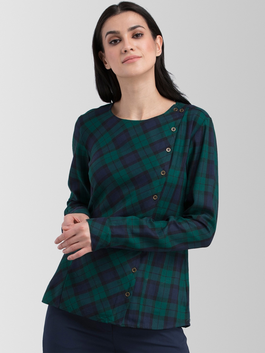 

FableStreet Women Green & Navy Blue Checked Top