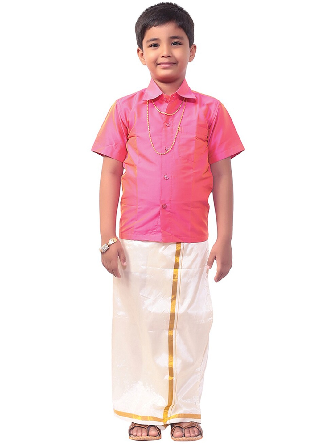

Thangamagan Boys Pink & White Solid Solid Shirt and Veshti