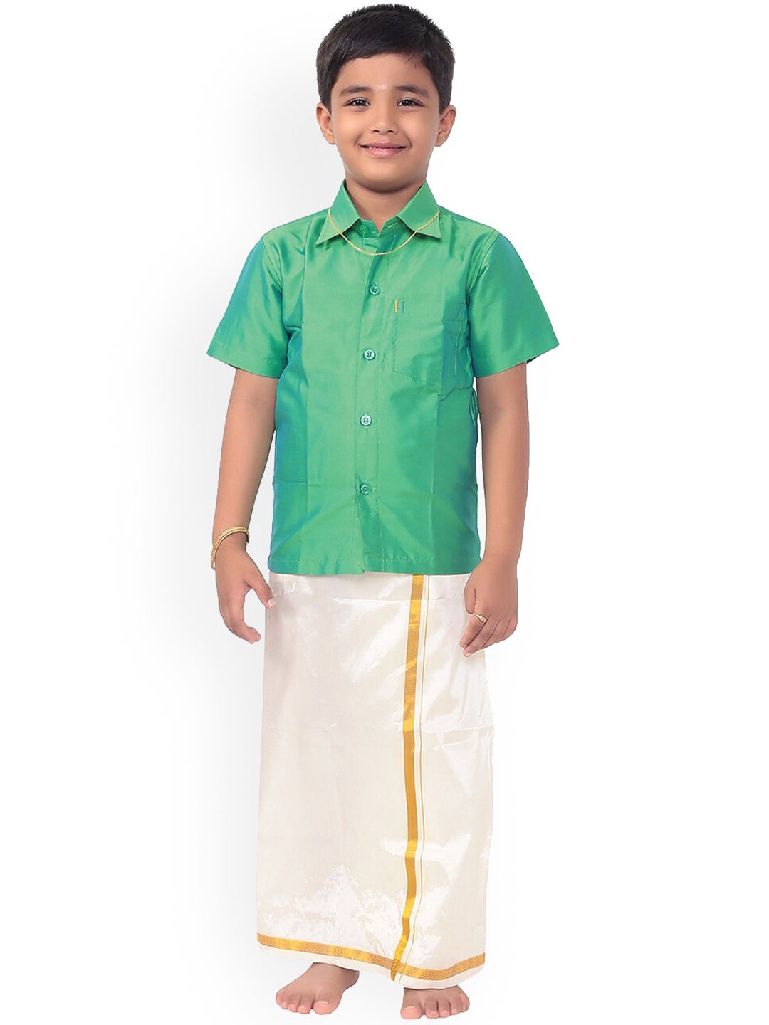 Thala-thalapathy Boys Sea-Green & Off-White Solid Shirt and Veshti