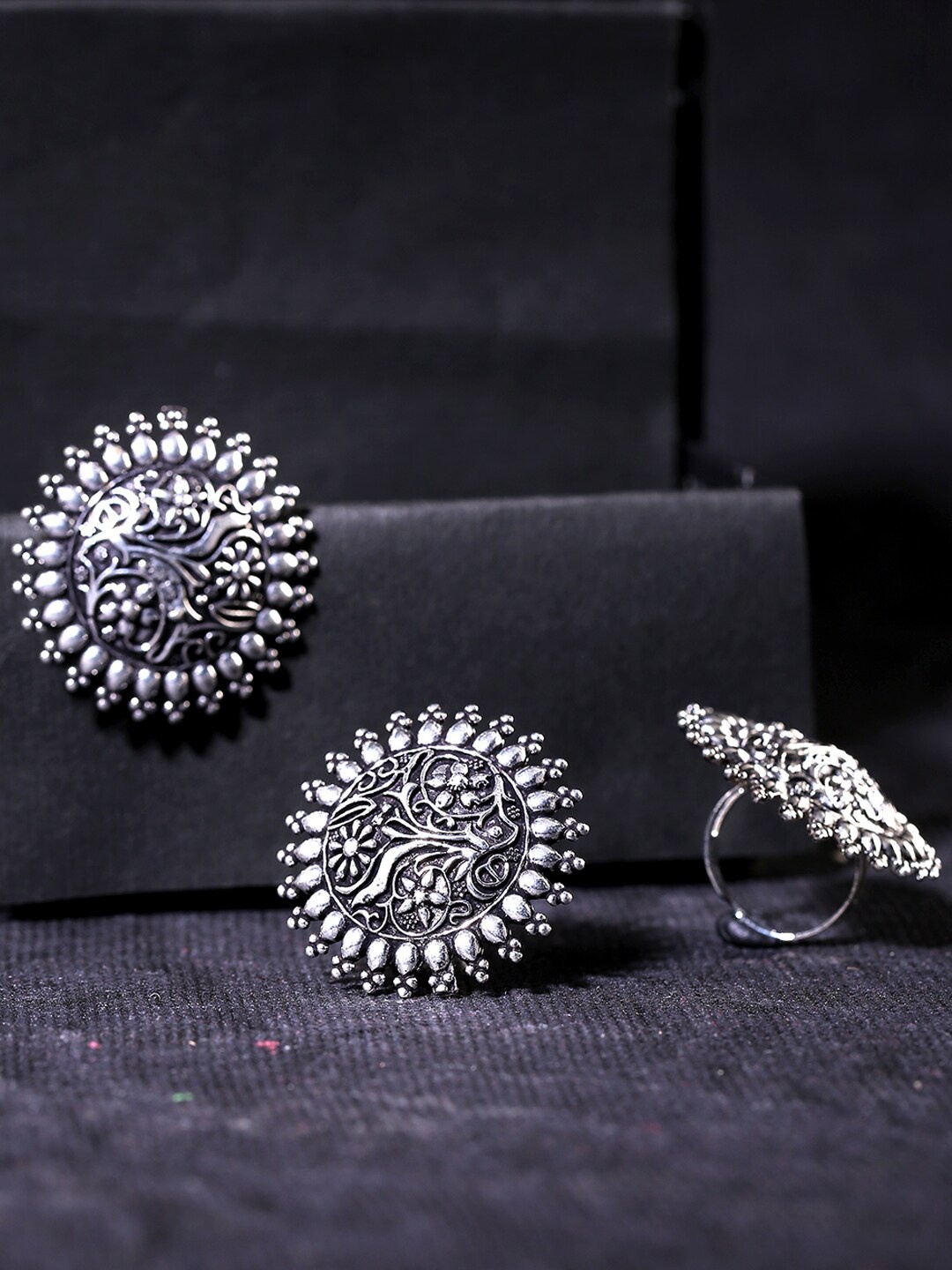 

Yellow Chimes Silver Oxidised Artistic Crafted Traditional Stud Earrings With Ring