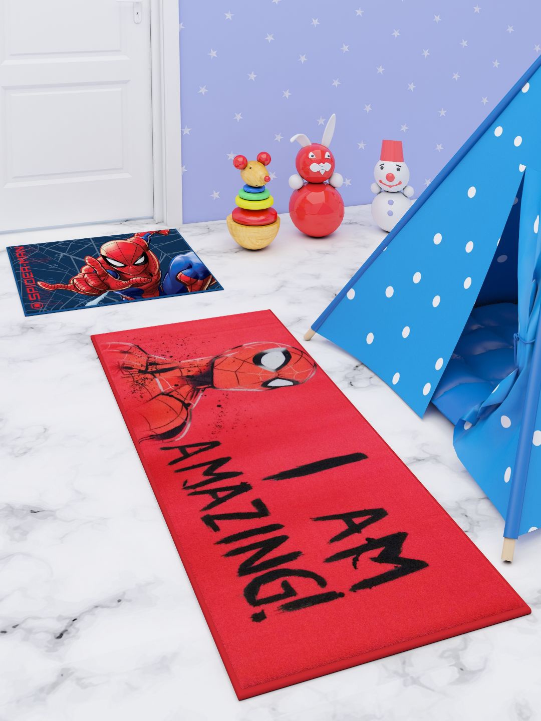 

Marvel Unisex Kids Red Black & Blue Spider-Man Cartoon Character Printed Floor Runner Carpet & Doormat Combo, Multi