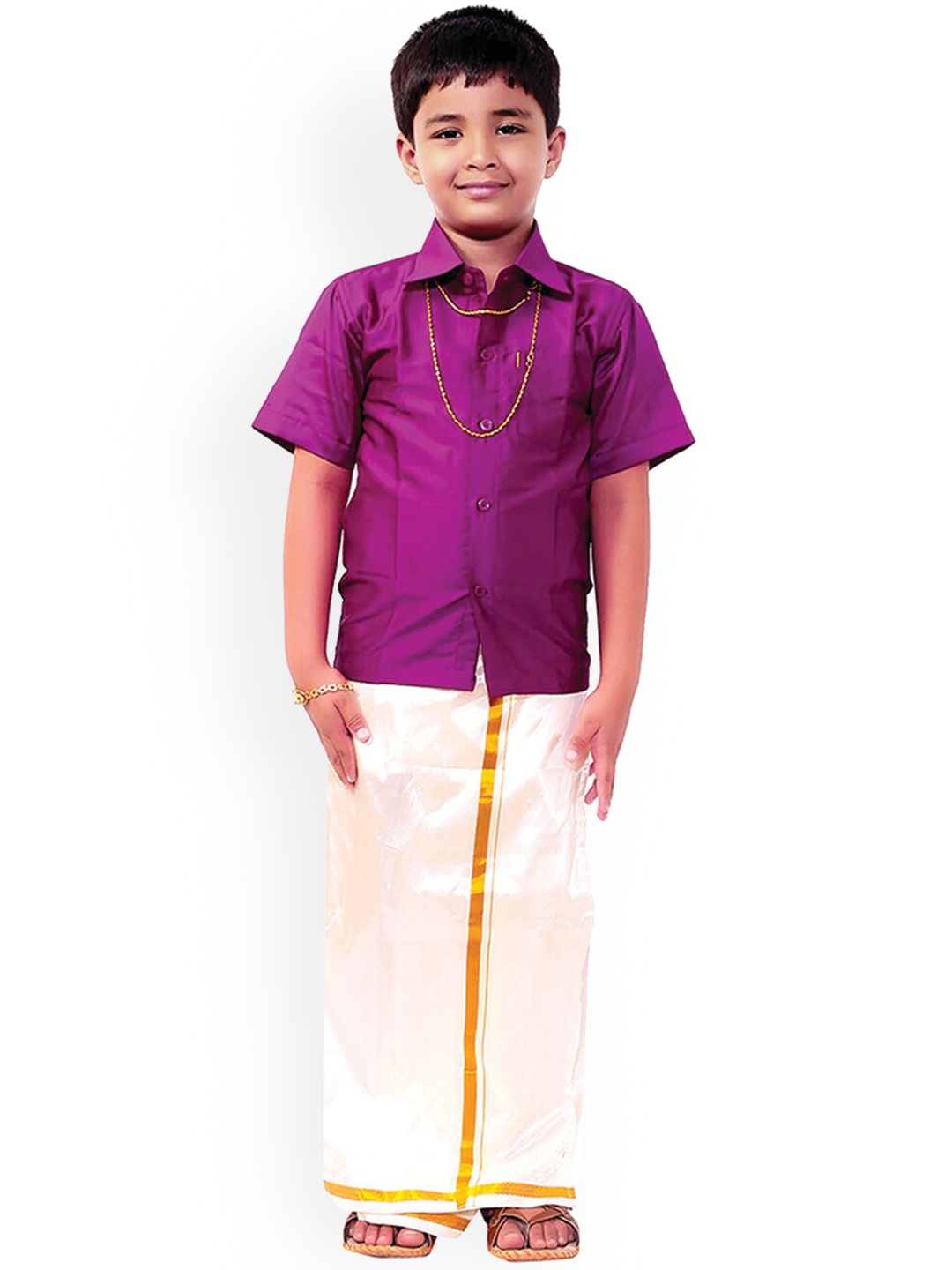 

Thala-thalapathy Boys Violet & White Solid Shirt and Veshti