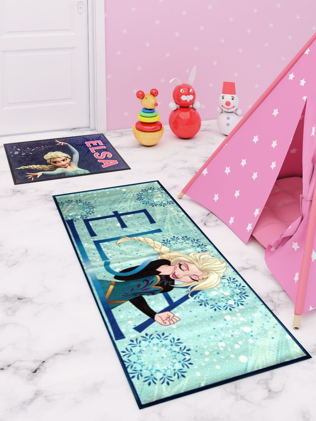 

Disney Set Of 2 Blue & Pink Elsa Print Premium Runner Carpet & Doormat