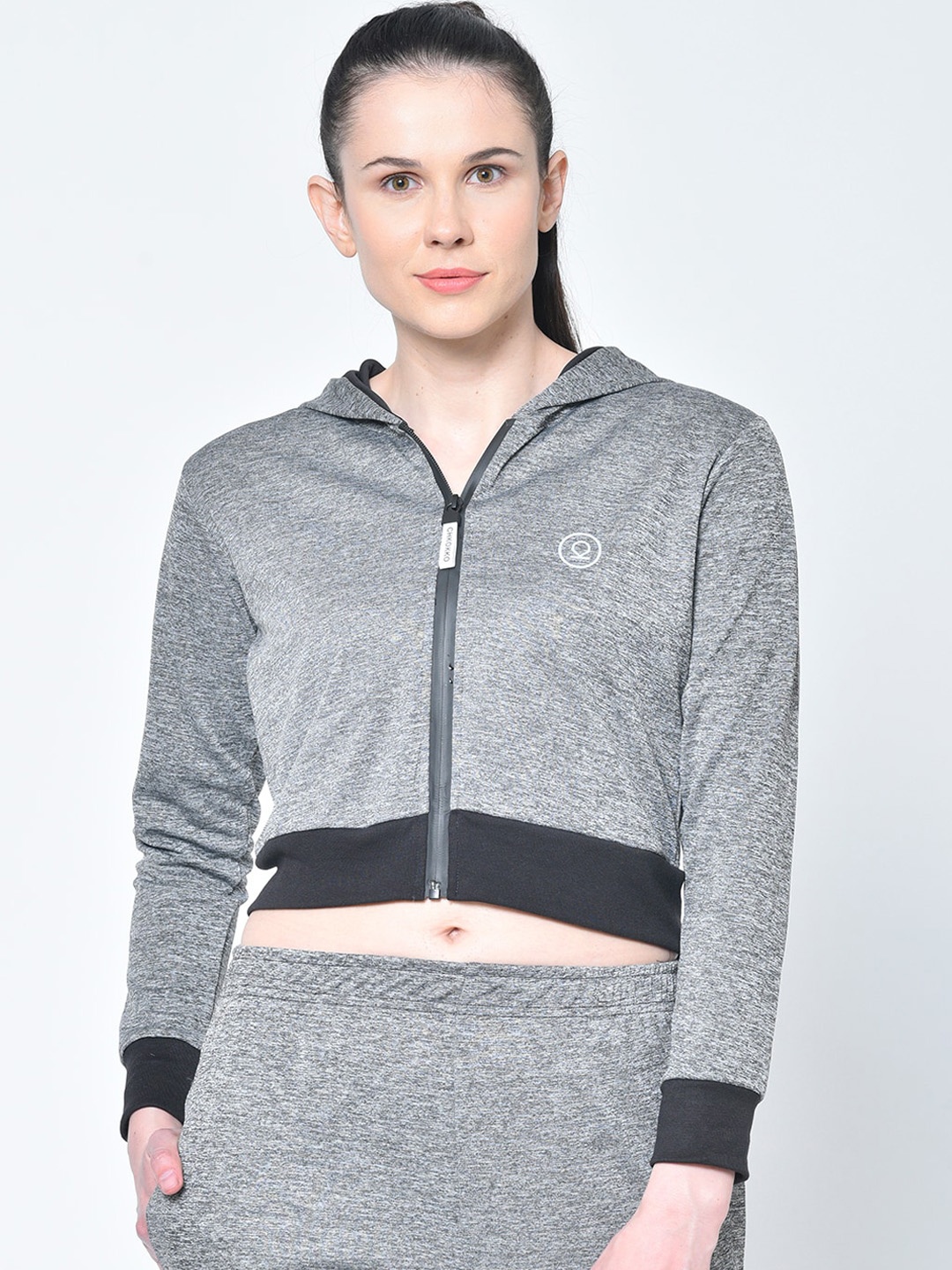 

CHKOKKO Women Grey Solid Crop Sporty Jacket