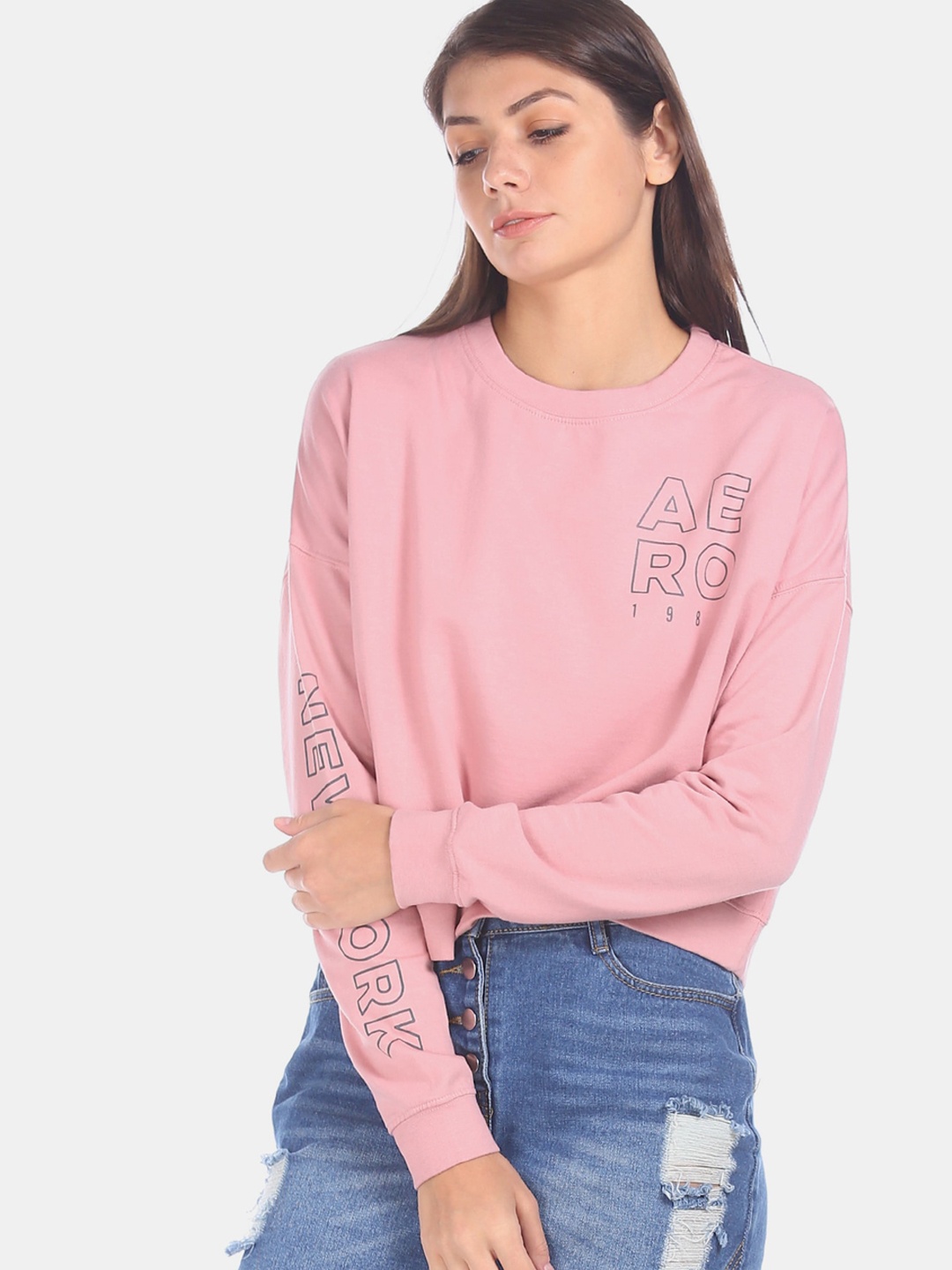 

Aeropostale Women Pink Printed Drop Shoulder Sweatshirt